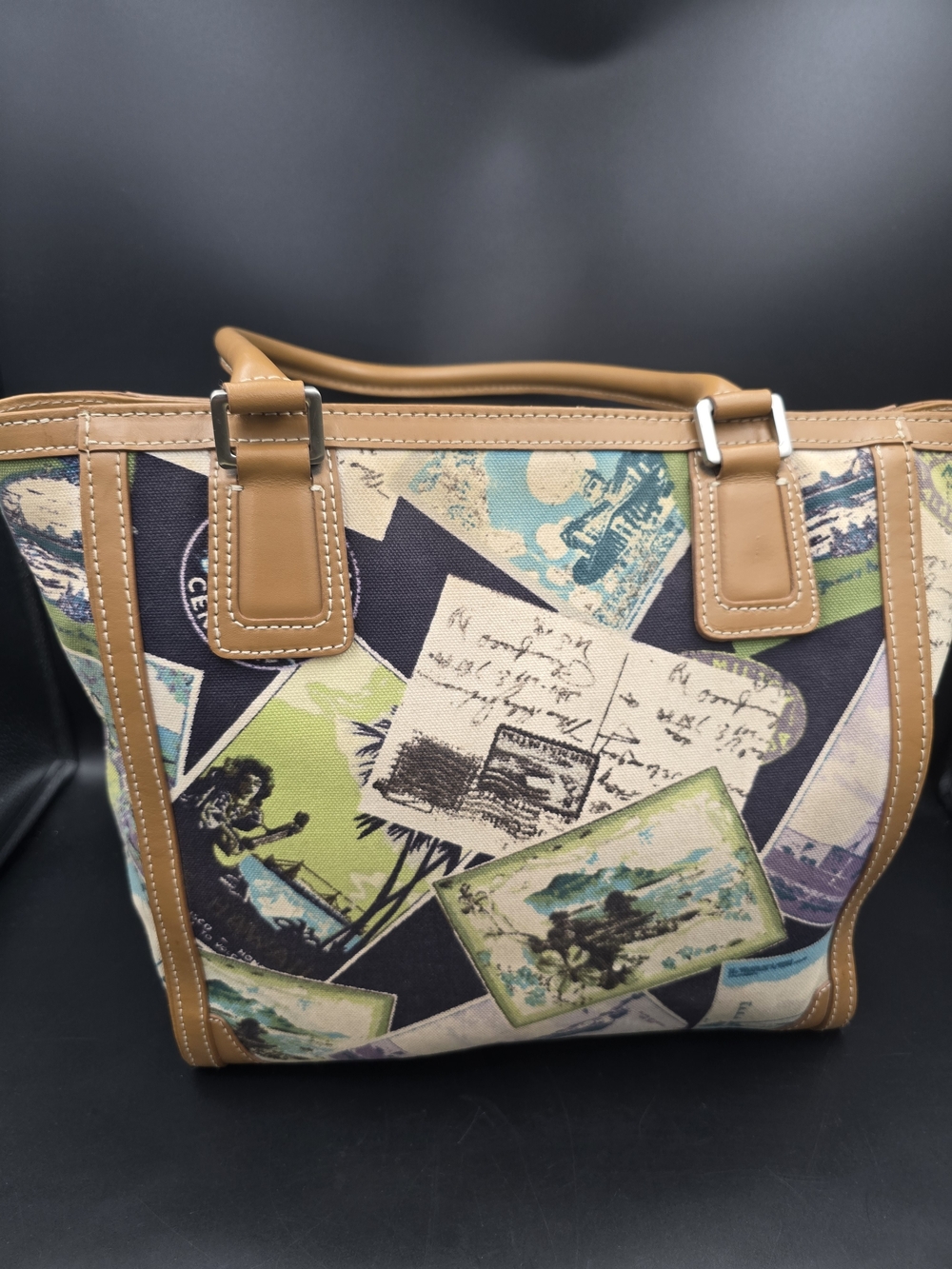 Talbots Tan Trim Postcard Print Canvas Tote - Picture 2 of 15